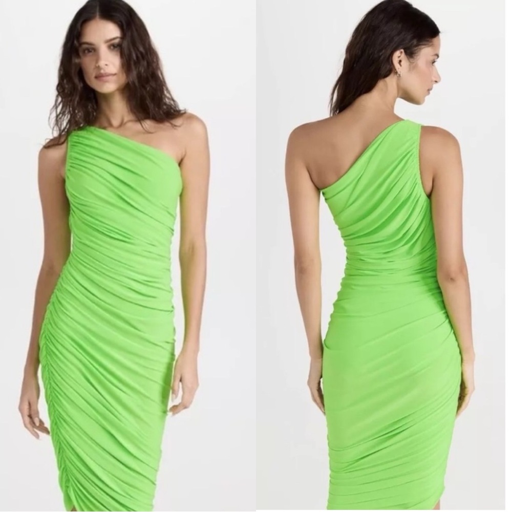 NORMA KAMALI Diana Ruched One Shoulder Jersey Knit Midi Neon Green Dress